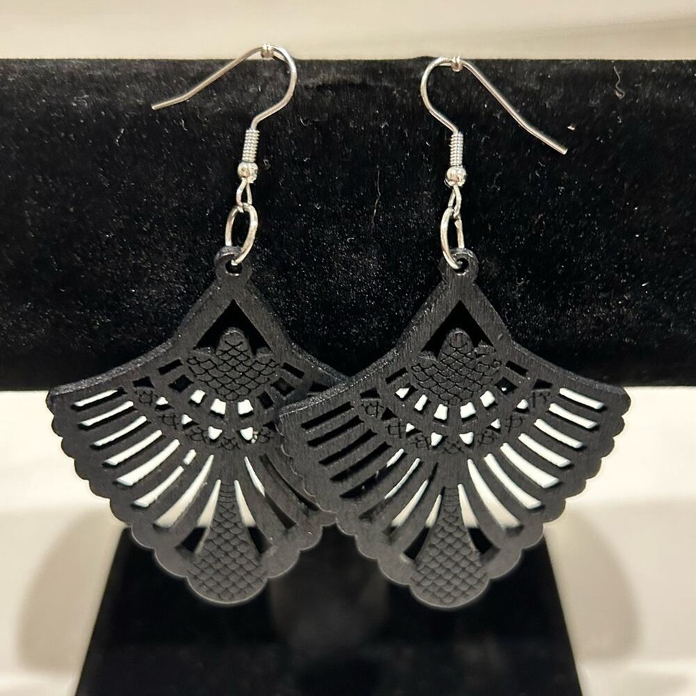 Lightweight Black Painted Wood Chandelier Earrings‎ Boho Hippie Chic Festival